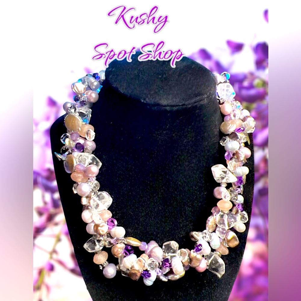 NWT VNT Freshwater PEARLS Purple/PINK✨KESHI GREY PEARLS/Quartz/Amethyst Necklace